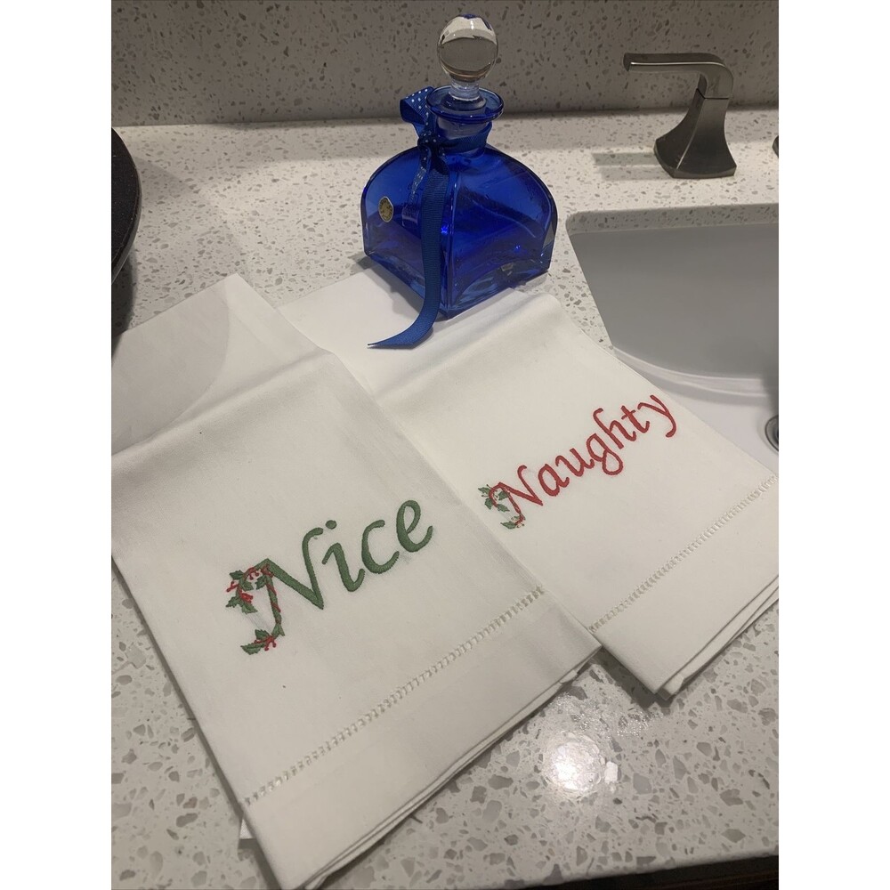 Holidsy Guest Towels, Handmade & Embroidered, NAUGHTY & NICE